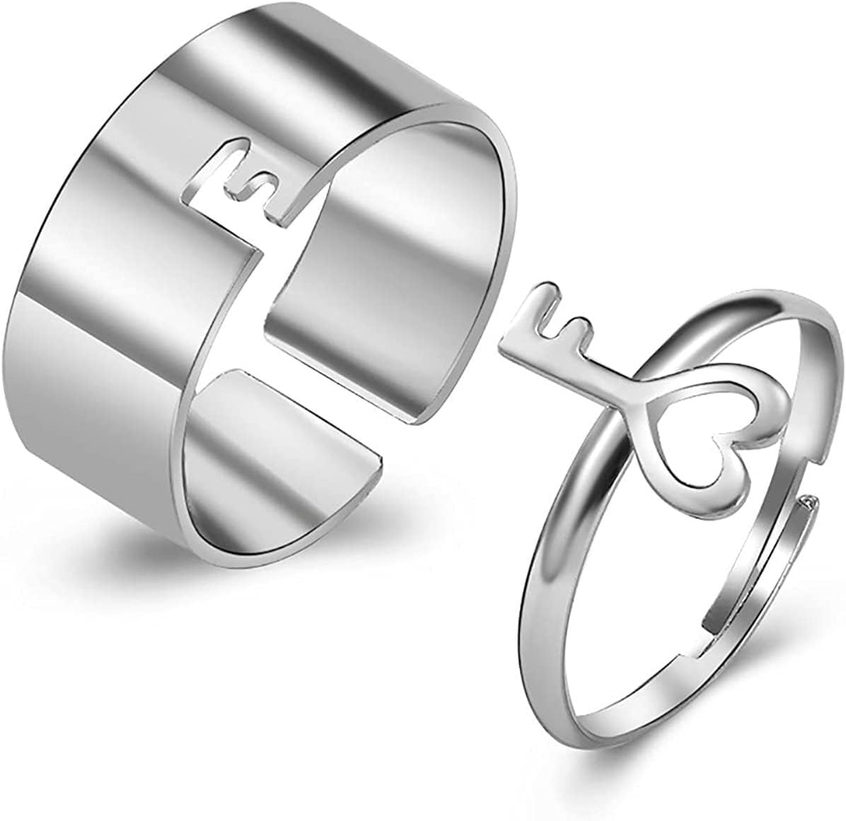 Couple Ring Set: Silver Heart Open Rings with Lock &amp; Key Design - Shop N Save