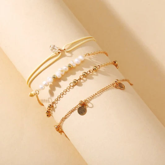 Girls Metal Heart And Pearl Bracelet Set 4 Pieces - Golden - Shop N Save