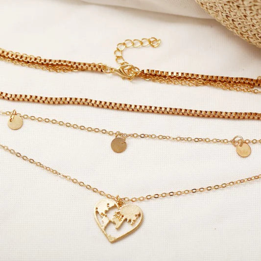 Girl Heart Map Alloy Multi Layer Fashion Necklace - Golden - Shop N Save