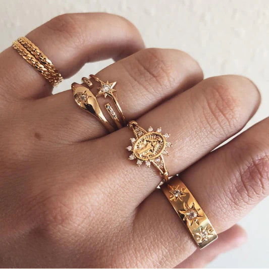 Women Retro Crystal Alloy Ring Set 7 Pieces - Golden - Shop N Save