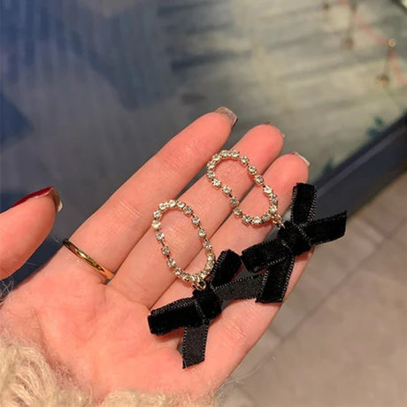 Ladies Rhinestone Bow Earrings - Black Gold - Shop N Save