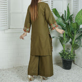 2 Piece Kurti Salwar Embroidery Set - Pure Cotton Collection Stylish Solid Color Light Weight Cotton Fabric Suit Top Bottom Salwar Kameez Indian Pakistani Embroidered Suit For Event Party Outdoor Dress - Dark Green - Shop N Save