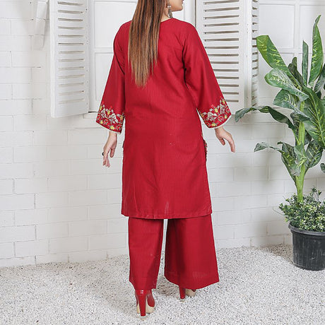 2 Piece Kurti Salwar Embroidery Set - Pure Cotton Collection Stylish Solid Color Light Weight Cotton Fabric Suit Top Bottom Salwar Kameez Indian Pakistani Embroidered Suit For Event Party Outdoor Dress - Maroon - Shop N Save
