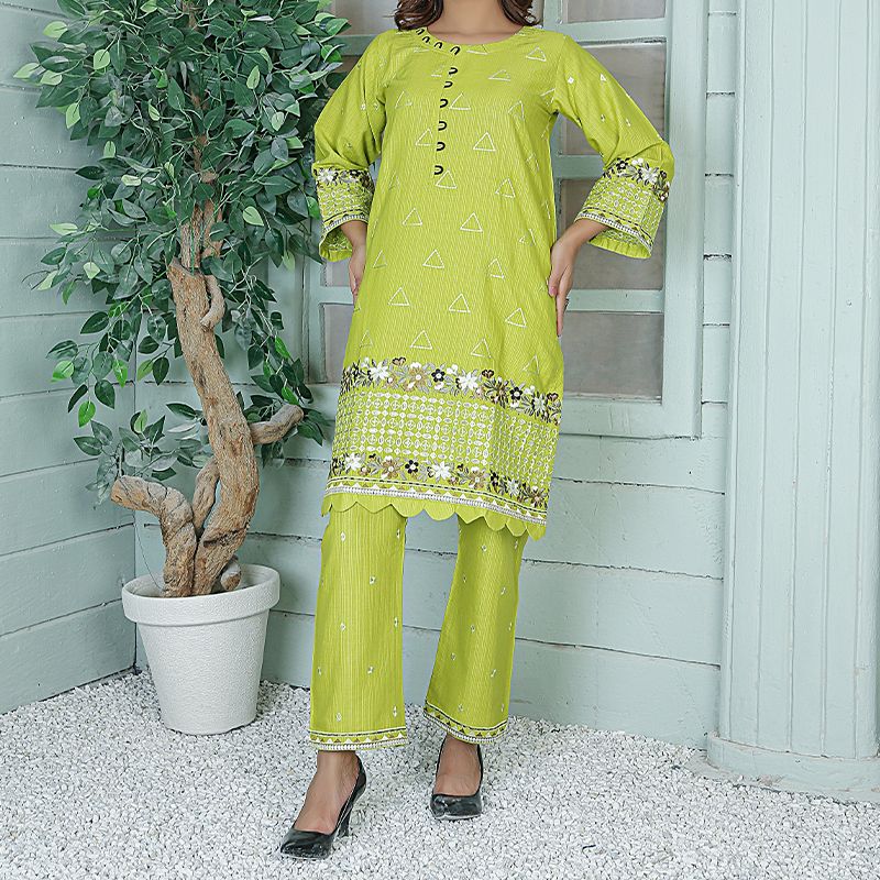 2 Piece Kurti Salwar Embroidery Set - Pure Cotton Collection Stylish Solid Color Light Weight Cotton Fabric Suit Top Bottom Salwar Kameez Indian Pakistani Embroidered Suit For Event Party Outdoor Dress - Green - Shop N Save