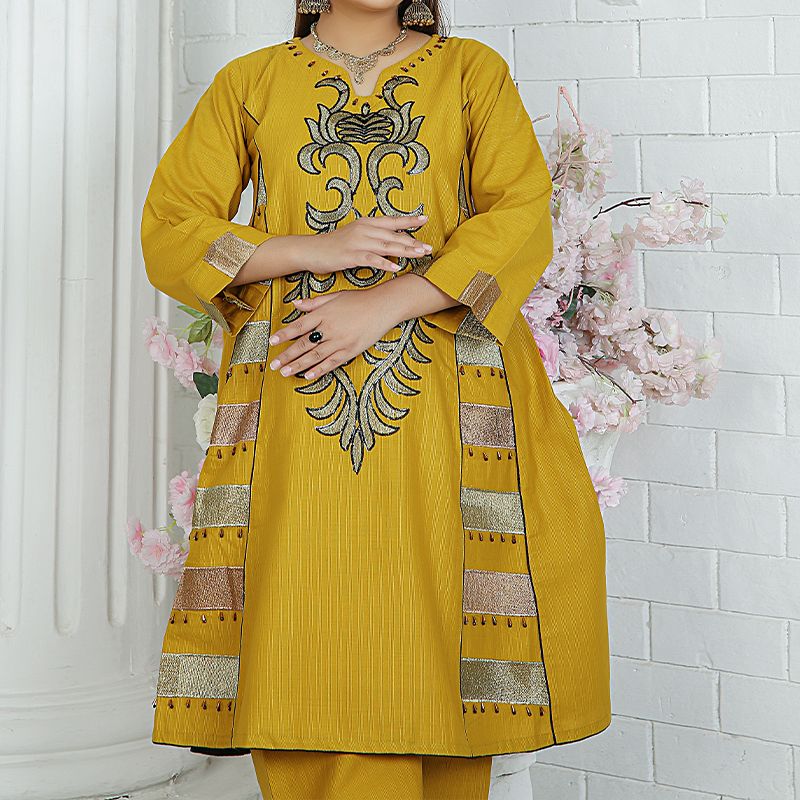 2 Piece Kurti Salwar Embroidery Set - Pure Cotton Collection Stylish Solid Color Light Weight Cotton Fabric Suit Top Bottom Salwar Kameez Indian Pakistani Embroidered Suit For Event Party Outdoor Dress - Golden - Shop N Save