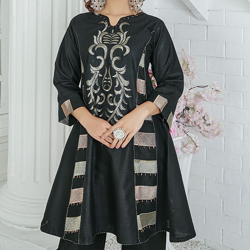 2 Piece Kurti Salwar Embroidery Set - Pure Cotton Collection Stylish Solid Color Light Weight Cotton Fabric Suit Top Bottom Salwar Kameez Indian Pakistani Embroidered Suit For Event Party Outdoor Dress - Black - Shop N Save