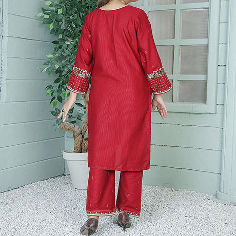 2 Piece Kurti Salwar Embroidery Set - Pure Cotton Collection Stylish Solid Color Light Weight Cotton Fabric Suit Top Bottom Salwar Kameez Indian Pakistani Embroidered Suit For Event Party Outdoor Dress - Maroon - Shop N Save