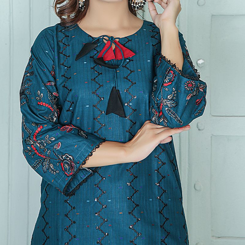 2 Piece Kurti Salwar Embroidery Set - Pure Cotton Collection Stylish Solid Color Light Weight Cotton Fabric Suit Top Bottom Salwar Kameez Indian Pakistani Embroidered Suit For Event Party Outdoor Dress - Dark Blue - Shop N Save