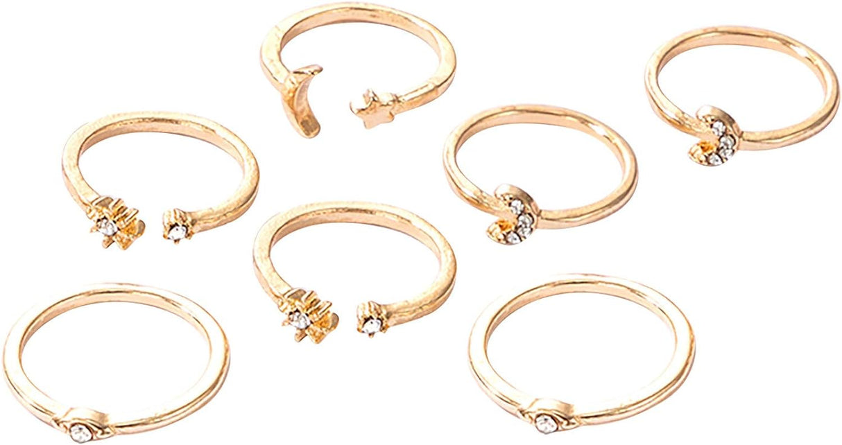Vipomkowa 7-Piece Blue &amp; Gold Zircon Ring Set: Retro Metal Fashion for Women - Shop N Save