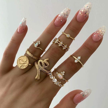 Gold Snake Ring Set - Boho Rhinestone Stackable Vintage Rings - Shop N Save
