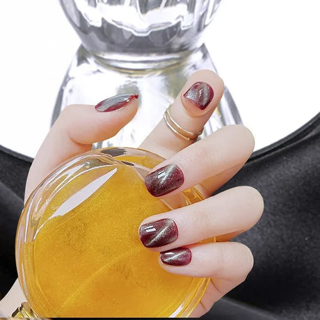 Dark Red Square Fake Nails - Full Cover, Cat Eye Acrylic, Nail Glue Included - Shop N Save