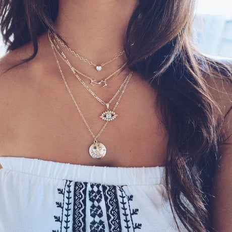 Layered Gold Choker: Crystal &amp; Evil Eye Pendant Jewelry for Women - Shop N Save
