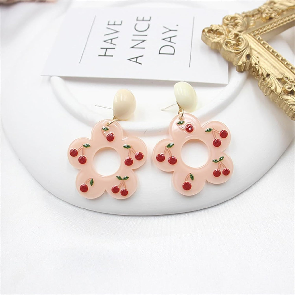 Pink &amp; Goldtone Cherry Drop Earrings: Elegant Nature-Inspired Style - Shop N Save
