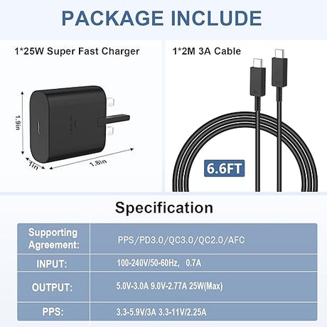 25W PD Adapter USB-C Power to USB-C Delivery Charger – Super Efficient Plug Adapter with PPS Technology and Type C Cable Included