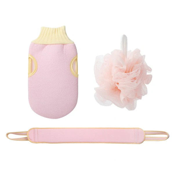 Three Piece Set Thick Rubbing Pull Bath Ball Towel - Pink - Shop N Save