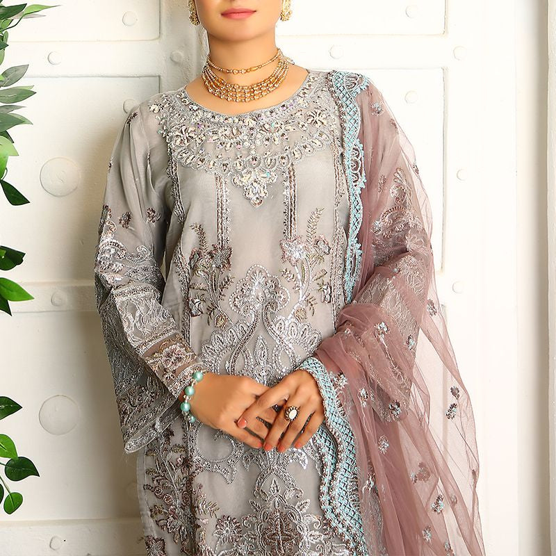 3 Piece Fancy Embroidery Dress - Stylish Light Weight Chiffon Organza Fabric Suit Indian Pakistani Fancy Embroidered Dress For Events Party Outdoor Dress - Gray - Shop N Save