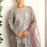 3 Piece Fancy Embroidery Dress - Stylish Light Weight Chiffon Organza Fabric Suit Indian Pakistani Fancy Embroidered Dress For Events Party Outdoor Dress - Gray - Shop N Save