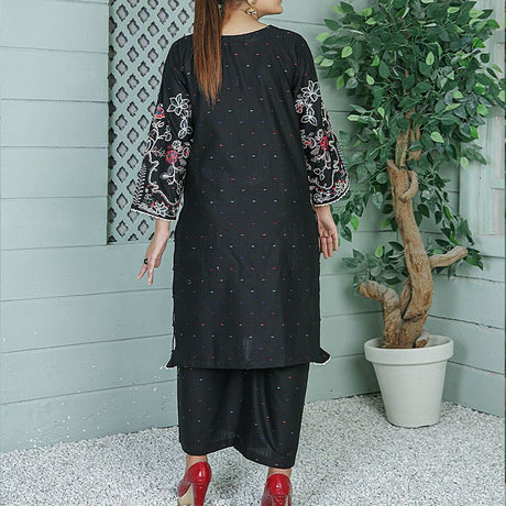 2 Piece Kurti Salwar Embroidery Set - Pure Cotton Collection Stylish Solid Color Light Weight Cotton Fabric Suit Top Bottom Salwar Kameez Indian Pakistani Embroidered Suit For Event Party Outdoor Dress - Black - Shop N Save