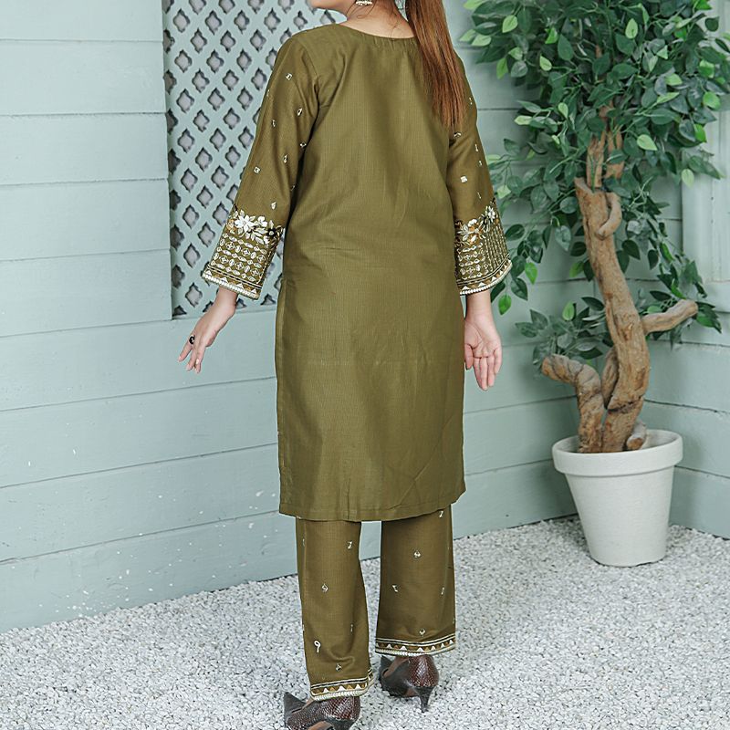 2 Piece Kurti Salwar Embroidery Set - Pure Cotton Collection Stylish Solid Color Light Weight Cotton Fabric Suit Top Bottom Salwar Kameez Indian Pakistani Embroidered Suit For Event Party Outdoor Dress - Dark Green - Shop N Save