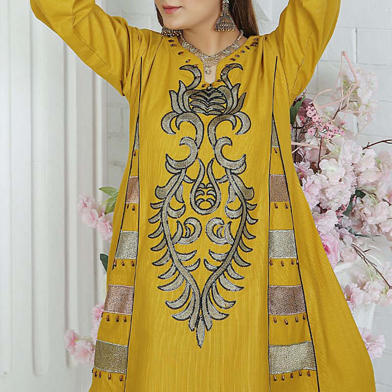 2 Piece Kurti Salwar Embroidery Set - Pure Cotton Collection Stylish Solid Color Light Weight Cotton Fabric Suit Top Bottom Salwar Kameez Indian Pakistani Embroidered Suit For Event Party Outdoor Dress - Golden - Shop N Save