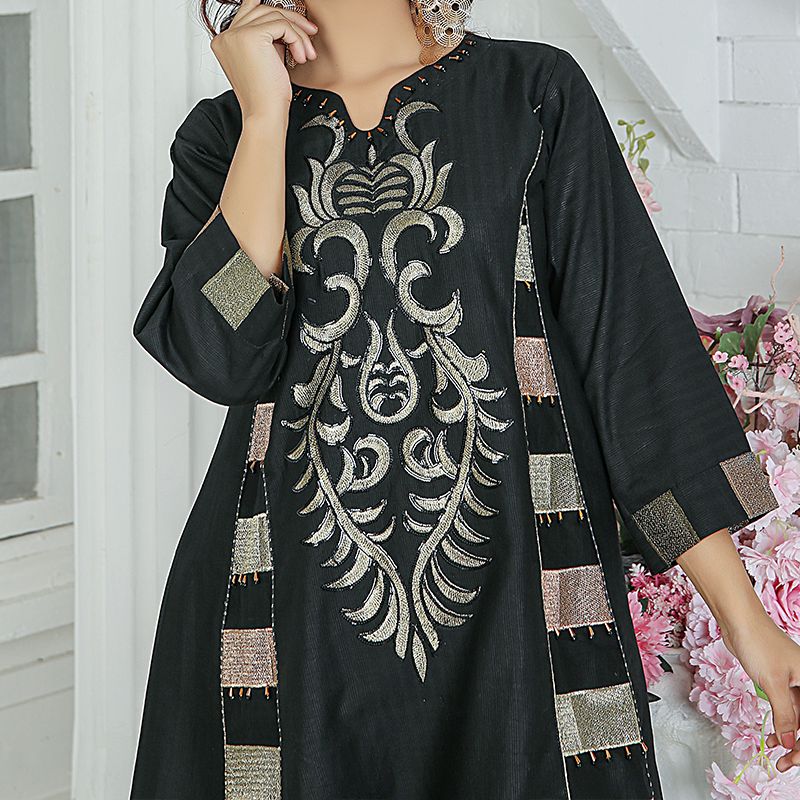 2 Piece Kurti Salwar Embroidery Set - Pure Cotton Collection Stylish Solid Color Light Weight Cotton Fabric Suit Top Bottom Salwar Kameez Indian Pakistani Embroidered Suit For Event Party Outdoor Dress - Black - Shop N Save
