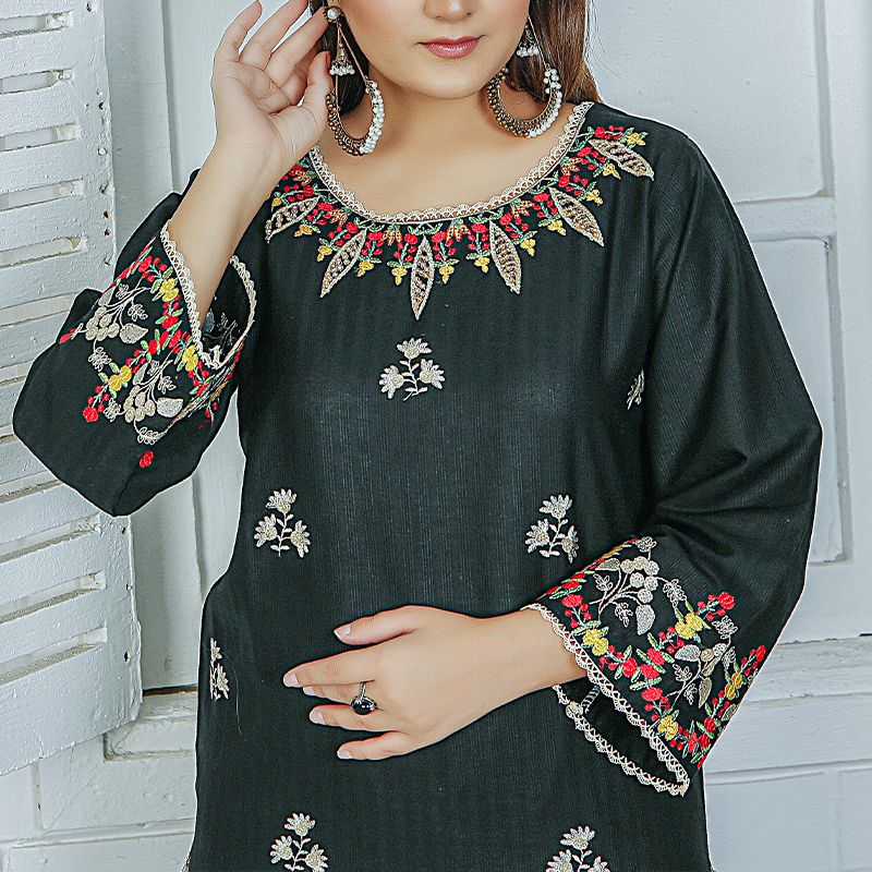 2 Piece Kurti Salwar Embroidery Set - Pure Cotton Collection Stylish Solid Color Light Weight Cotton Fabric Suit Top Bottom Salwar Kameez Indian Pakistani Embroidered Suit For Event Party Outdoor Dress - Black - Shop N Save