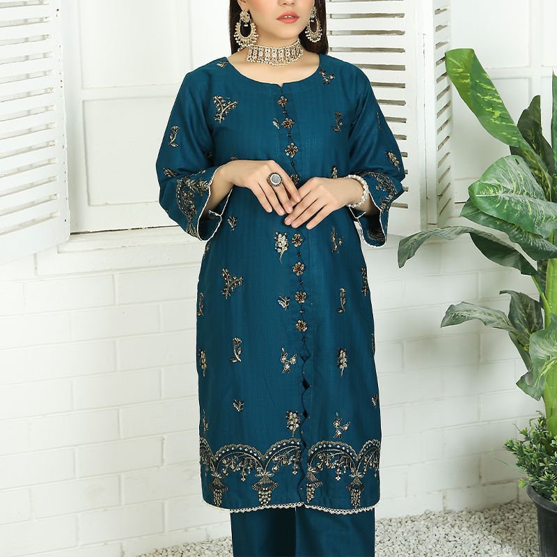 2 Piece Kurti Salwar Embroidery Set - Pure Cotton Collection Stylish Solid Color Light Weight Cotton Fabric Suit Top Bottom Salwar Kameez Indian Pakistani Embroidered Suit For Event Party Outdoor Dress - Dark Blue - Shop N Save