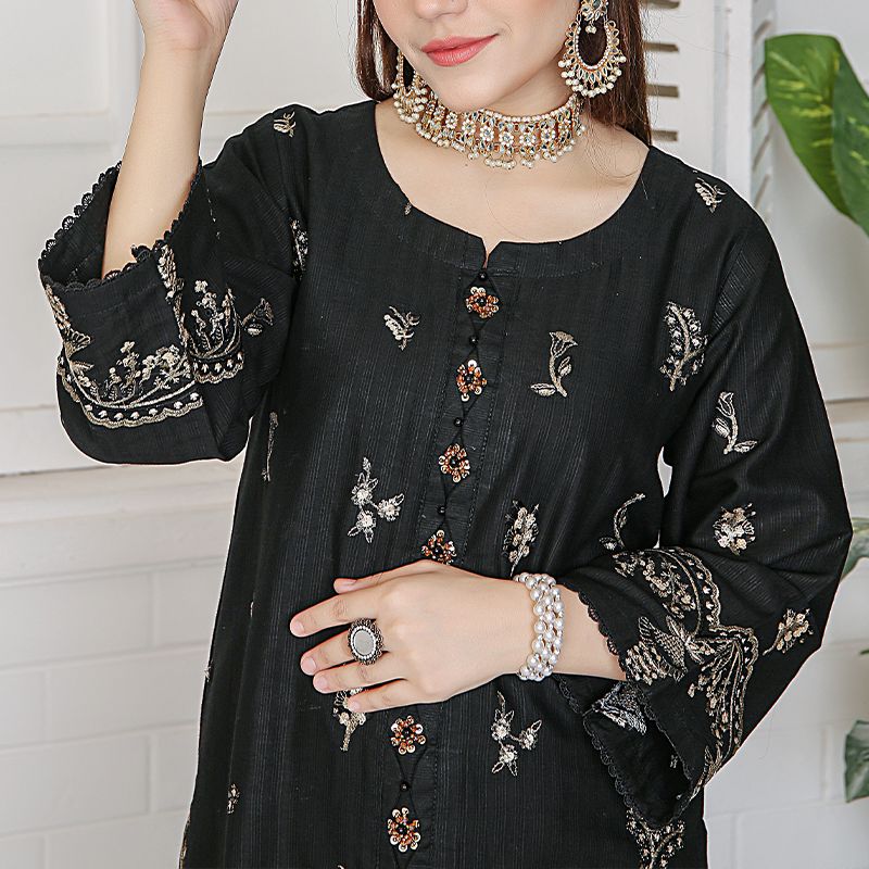 2 Piece Kurti Salwar Embroidery Set - Pure Cotton Collection Stylish Solid Color Light Weight Cotton Fabric Suit Top Bottom Salwar Kameez Indian Pakistani Embroidered Suit For Event Party Outdoor Dress - Black - Shop N Save
