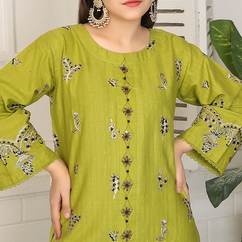 2 Piece Kurti Salwar Embroidery Set - Pure Cotton Collection Stylish Solid Color Light Weight Cotton Fabric Suit Top Bottom Salwar Kameez Indian Pakistani Embroidered Suit For Event Party Outdoor Dress - Green - Shop N Save