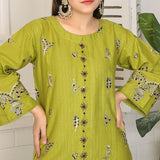 2 Piece Kurti Salwar Embroidery Set - Pure Cotton Collection Stylish Solid Color Light Weight Cotton Fabric Suit Top Bottom Salwar Kameez Indian Pakistani Embroidered Suit For Event Party Outdoor Dress - Green - Shop N Save