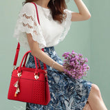 Fashionable Wine Red Handbag Stylish PU Leather Women's Handbag with Woven Pattern Zipper Closure Double Handle and Synthetic Leather Strap - Shop N Save