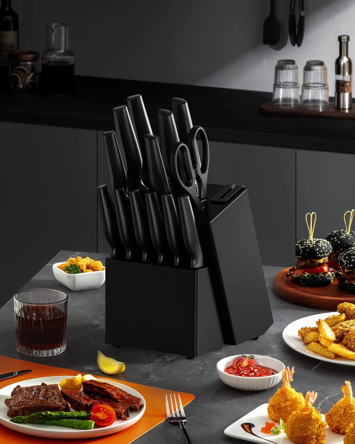 Kitchen Knife Set with Built-in Sharpener Block, Dishwasher Safe, 15 Pieces German Stainless Steel
