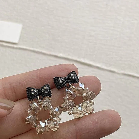 Ladies Rhinestone Bow Crystal Earrings - Black - Shop N Save