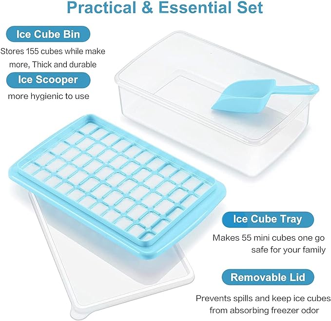 Wresetly Ice Cube Tray Easy Release Trays Spill Proof Container Scoop Blue