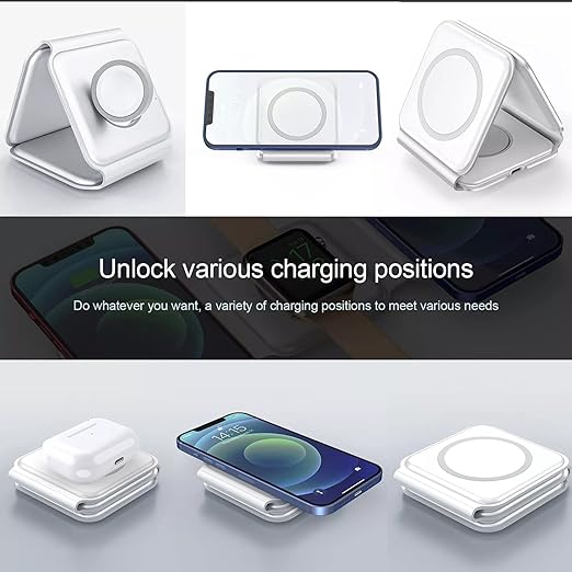 15W Fast Qi 3-in-1 Wireless Charger: Foldable Mobile &amp; Watch Stand (White)
