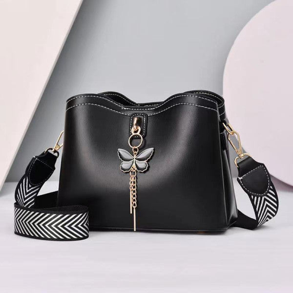 Black Wide Strap Shoulder Bag for Fashionable Women Casual and Stylish Synthetic Leather Adjustable Handle Four Compartments Zipper Closure - Shop N Save
