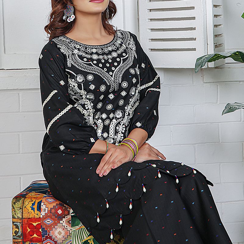 2 Piece Kurti Salwar Embroidery Set - Pure Cotton Collection Stylish Solid Color Light Weight Cotton Fabric Suit Top Bottom Salwar Kameez Indian Pakistani Embroidered Suit For Event Party Outdoor Dress - Black - Shop N Save