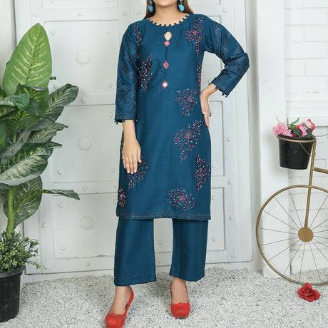 2 Piece Kurti Salwar Embroidery Set - Pure Cotton Collection Stylish Solid Color Light Weight Cotton Fabric Suit Top Bottom Salwar Kameez Indian Pakistani Embroidered Suit For Event Party Outdoor Dress - Dark Blue - Shop N Save