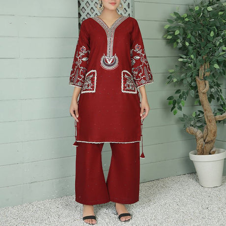 2 Piece Kurti Salwar Embroidery Set - Pure Cotton Collection Stylish Solid Color Light Weight Cotton Fabric Suit Top Bottom Salwar Kameez Indian Pakistani Embroidered Suit For Event Party Outdoor Dress - Maroon - Shop N Save