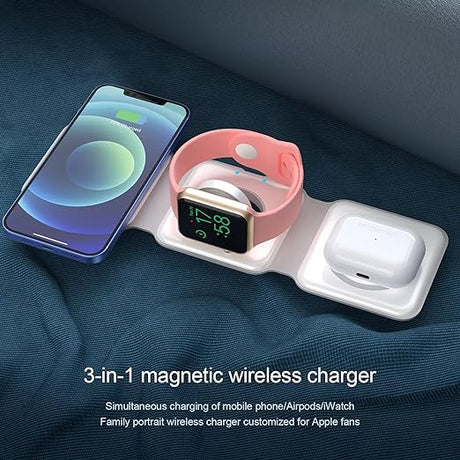 15W Fast Qi 3-in-1 Wireless Charger: Foldable Mobile &amp; Watch Stand (White)