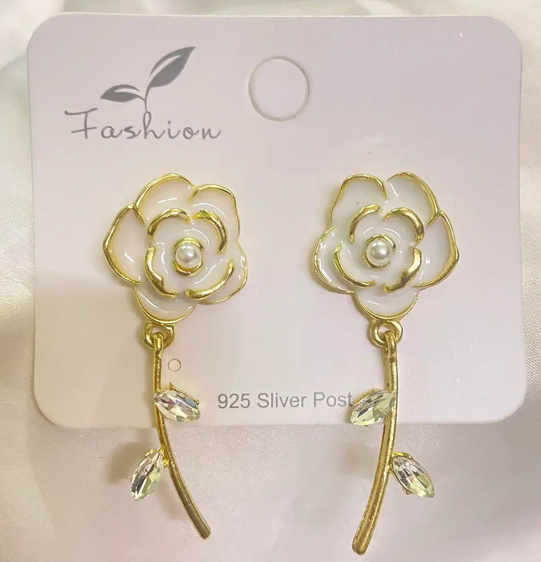 White Enamel Petal Earrings: Elegant Metal Design for Women - Shop N Save