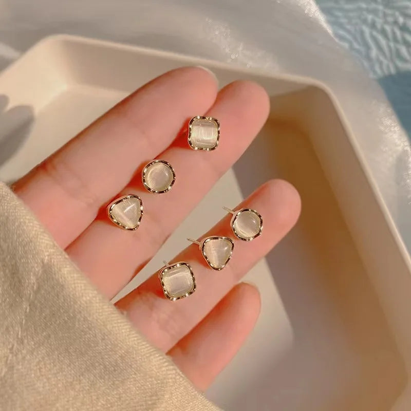 Golden Geometric Opal Studs: Korean Triangle &amp; Circle Earrings Set - Shop N Save