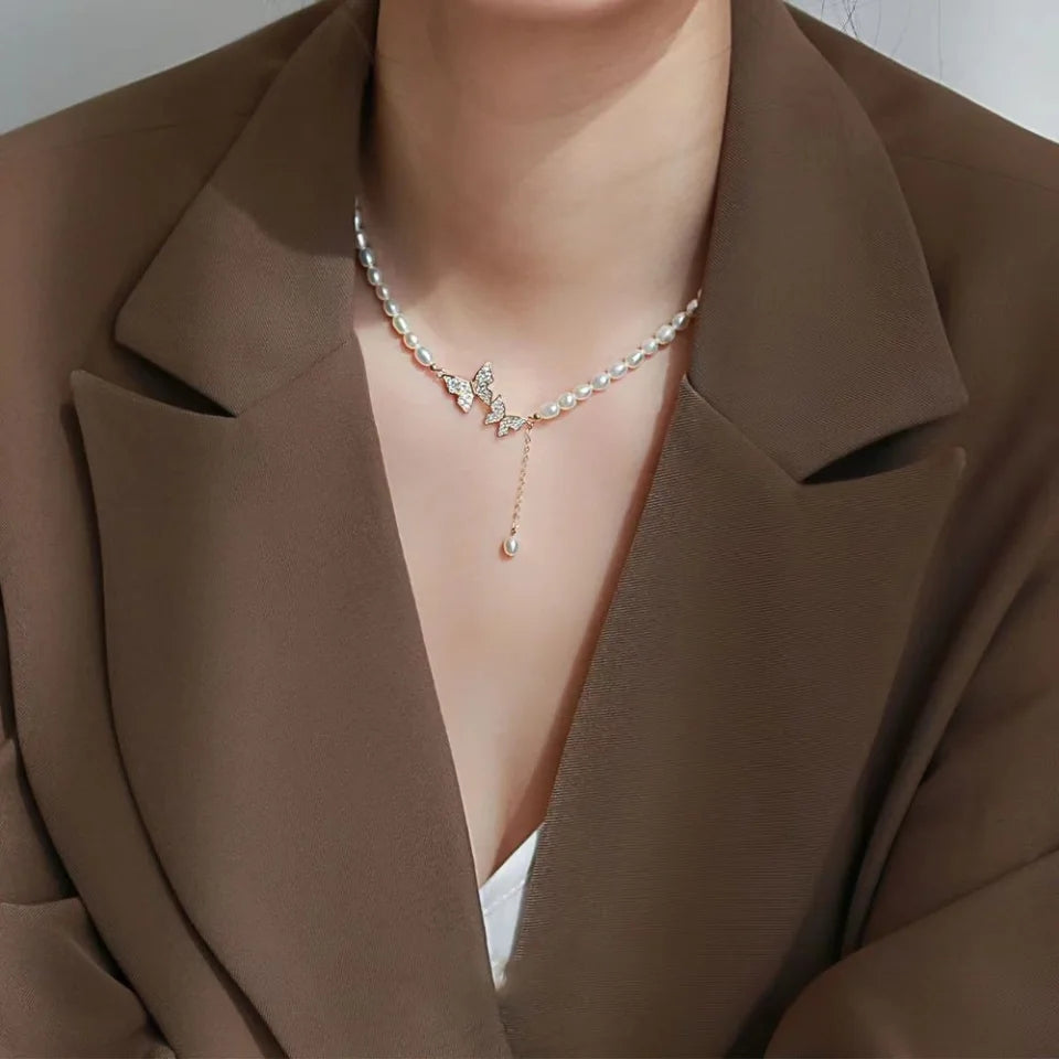 Vintage Butterfly Faux Pearl Necklace: Women's Party Clavicle Chain - Shop N Save