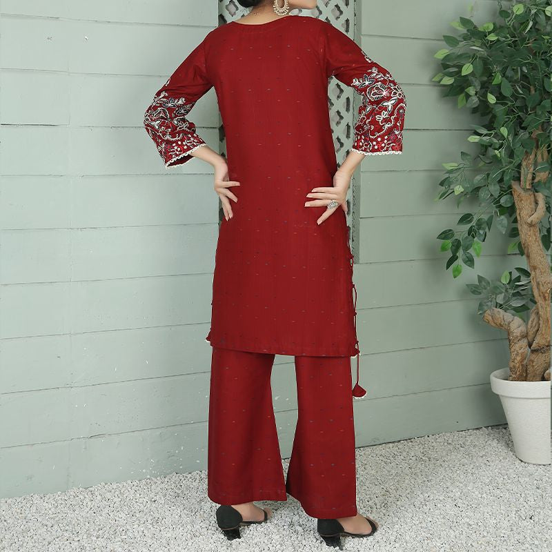 2 Piece Kurti Salwar Embroidery Set - Pure Cotton Collection Stylish Solid Color Light Weight Cotton Fabric Suit Top Bottom Salwar Kameez Indian Pakistani Embroidered Suit For Event Party Outdoor Dress - Maroon - Shop N Save