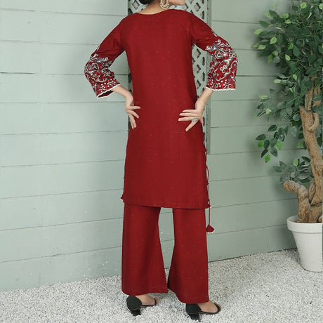 2 Piece Kurti Salwar Embroidery Set - Pure Cotton Collection Stylish Solid Color Light Weight Cotton Fabric Suit Top Bottom Salwar Kameez Indian Pakistani Embroidered Suit For Event Party Outdoor Dress - Maroon - Shop N Save