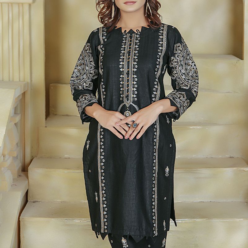 2 Piece Kurti Salwar Embroidery Set - Pure Cotton Collection Stylish Solid Color Light Weight Cotton Fabric Suit Top Bottom Salwar Kameez Indian Pakistani Embroidered Suit For Event Party Outdoor Dress - Black - Shop N Save