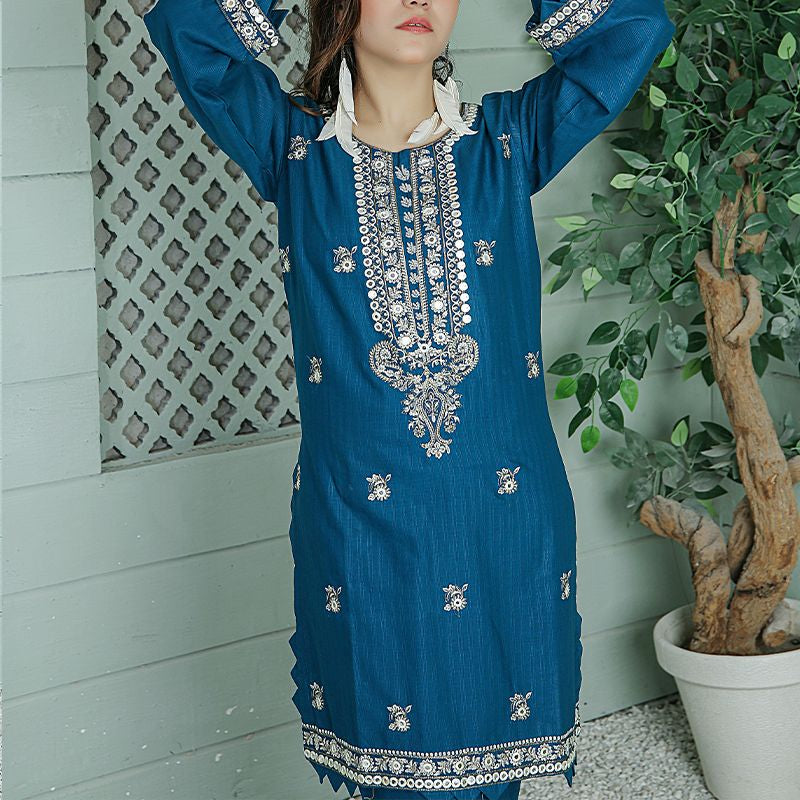 2 Piece Kurti Salwar Embroidery Set - Pure Cotton Collection Stylish Solid Color Light Weight Cotton Fabric Suit Top Bottom Salwar Kameez Indian Pakistani Embroidered Suit For Event Party Outdoor Dress - Dark Blue - Shop N Save