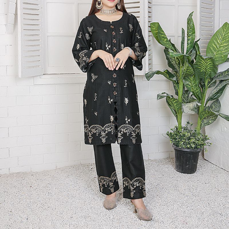 2 Piece Kurti Salwar Embroidery Set - Pure Cotton Collection Stylish Solid Color Light Weight Cotton Fabric Suit Top Bottom Salwar Kameez Indian Pakistani Embroidered Suit For Event Party Outdoor Dress - Black - Shop N Save