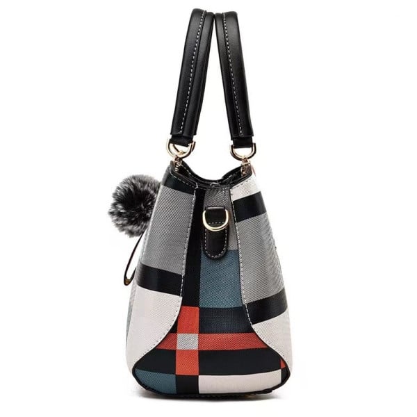 Stylish Black Plaid Handbag Large Capacity Zipper Closure Lattice Pattern Casual Style Nylon Exterior Double Handle - Shop N Save