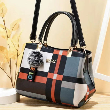 Stylish Black Plaid Handbag Large Capacity Zipper Closure Lattice Pattern Casual Style Nylon Exterior Double Handle - Shop N Save